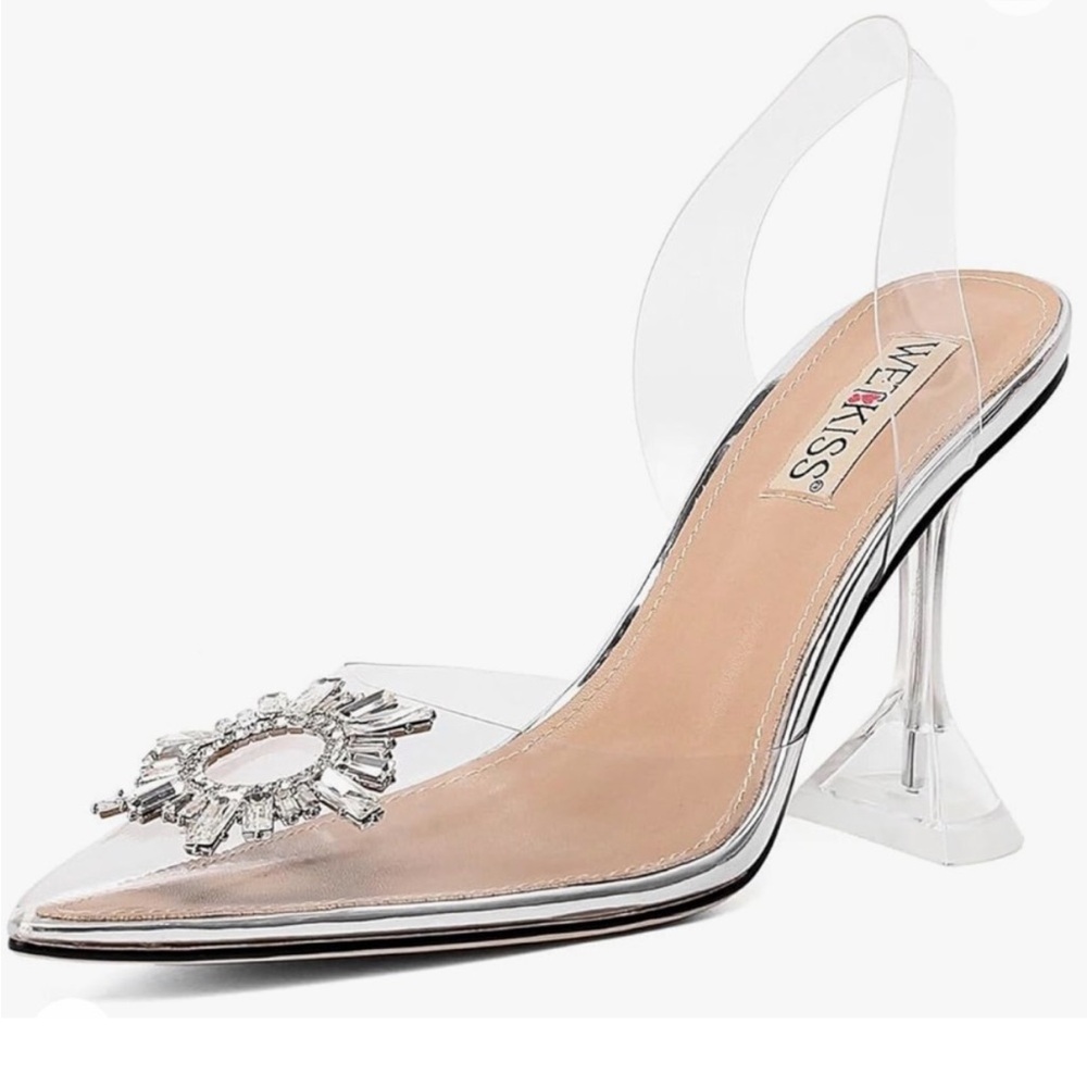 MERCEDES Silver Clear Slingback Pointed Heel with Crystal Accent